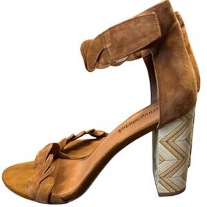 Jeffrey Campbell Lindsay Tan Suede Block Heel Sandals Geometric Mod Hoco Boho